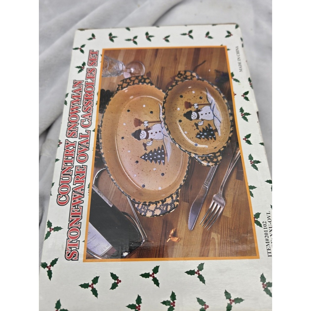 Nos Vtg Country Snowman Stoneware Oval Casserole Baking Dish Set 2 Pc Christmas